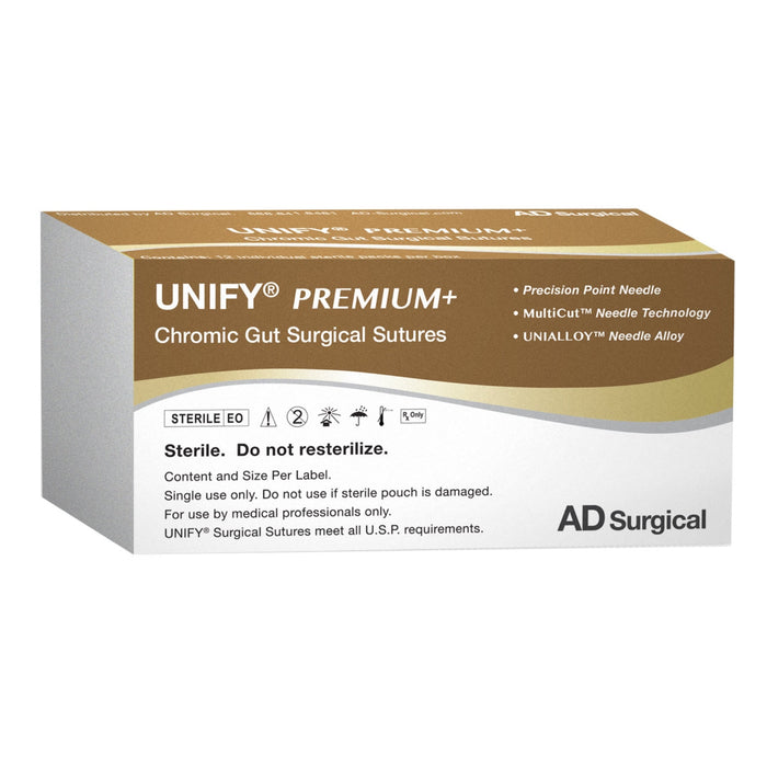 UNIFY Premium+ Chromic Gut Suture - 5/0 - 13mm 3/8 Circle R/C Needle - 18" Brown Thread - 12/Box