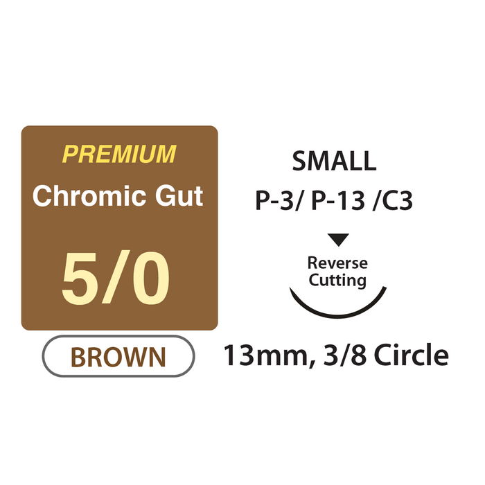 UNIFY Premium+ Chromic Gut Suture - 5/0 - 13mm 3/8 Circle R/C Needle - 18" Brown Thread - 12/Box
